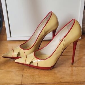 Patent Yellow Pumps with Red Trim and Stiletto Heel - Women's Heels